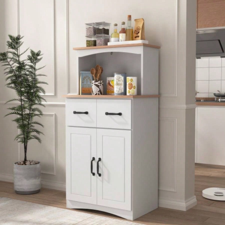 Wooden Kitchen Cabinet White Pantry Storage Microwave Cabinet with Storage Drawer