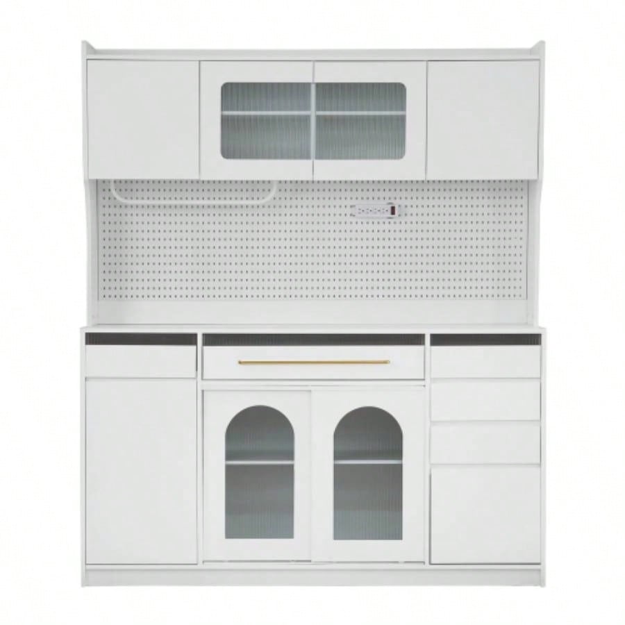 Assembly Video Offered TOPMAX Freestanding 63 Buffet with Hutch, Large Coffee Bar Storage Cabinet with 6 Drawers, 5 Cabinets with Adjustable Shelves, Pegboard, Towel Rack, Power Outlet, White