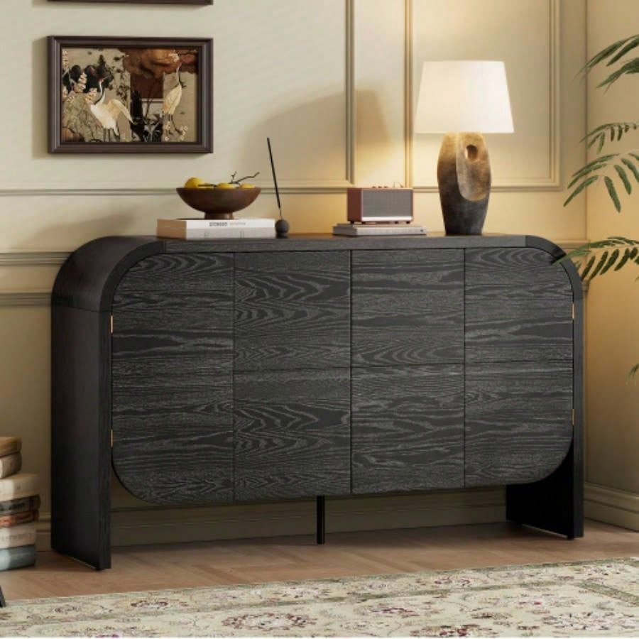 TREXM Buffet Cabinet with Storage, Wood Sideboard Cabinet with Curvy, 4 Doors Retro Credenza Storage Cabinet with Adjustable Shelves Living Room, Kitchen Black