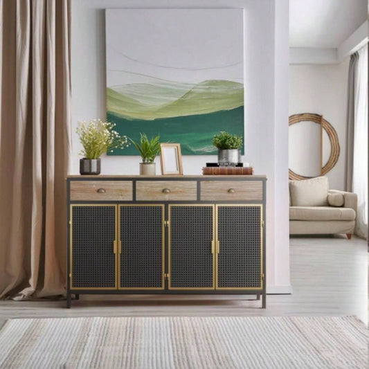 48 Wide 4 Doors Modern Sideboard with 3 Top Drawers, Freestanding Sideboard Storage Cabinet Entryway Floor Cabinet Living Room Office Bedroom