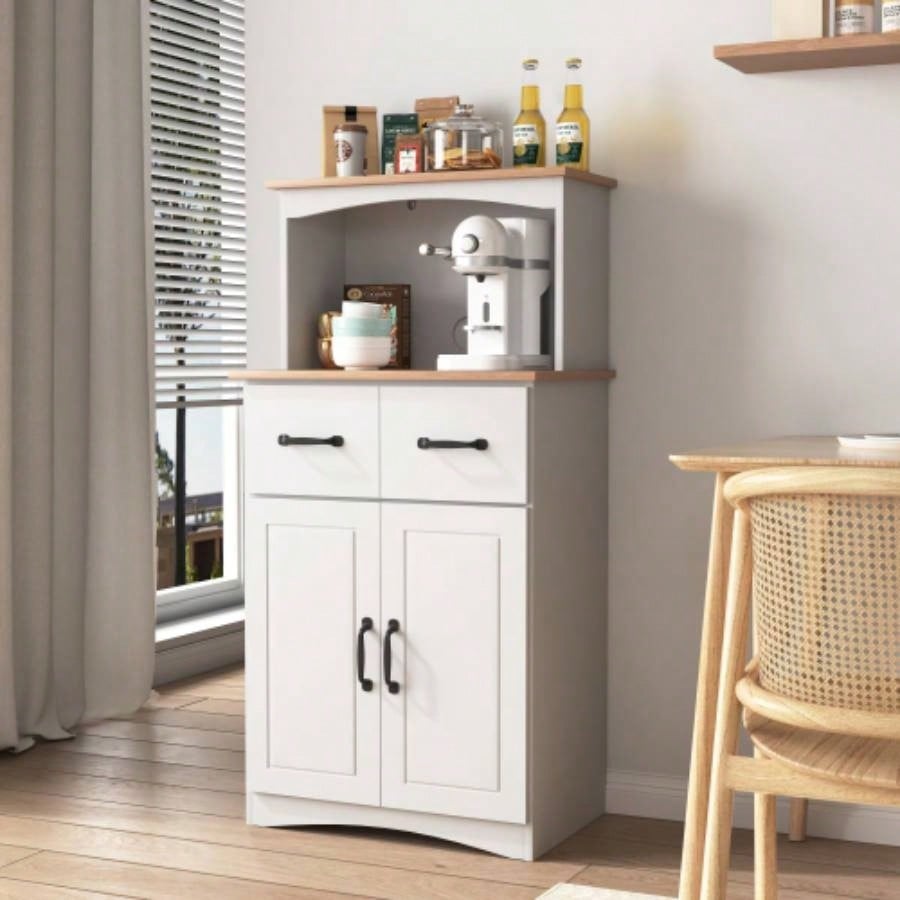 Wooden Kitchen Cabinet White Pantry Storage Microwave Cabinet with Storage Drawer