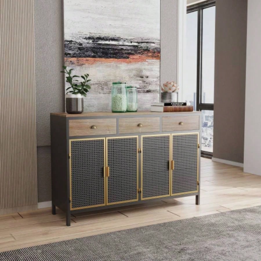 48 Wide 4 Doors Modern Sideboard with 3 Top Drawers, Freestanding Sideboard Storage Cabinet Entryway Floor Cabinet Living Room Office Bedroom