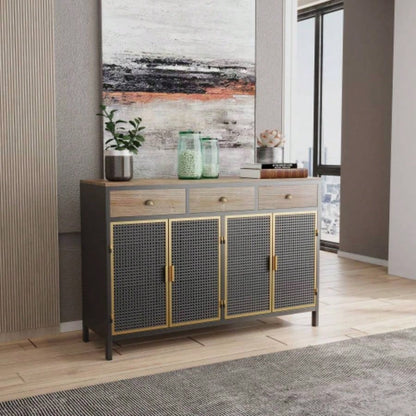 48 Wide 4 Doors Modern Sideboard with 3 Top Drawers, Freestanding Sideboard Storage Cabinet Entryway Floor Cabinet Living Room Office Bedroom