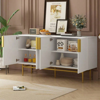 TREXM Modern Elegant 4 - door Sideboard Gold Metal Handle Buffet Cabinet Dining Room, Living Room, Bedroom, Hallway White