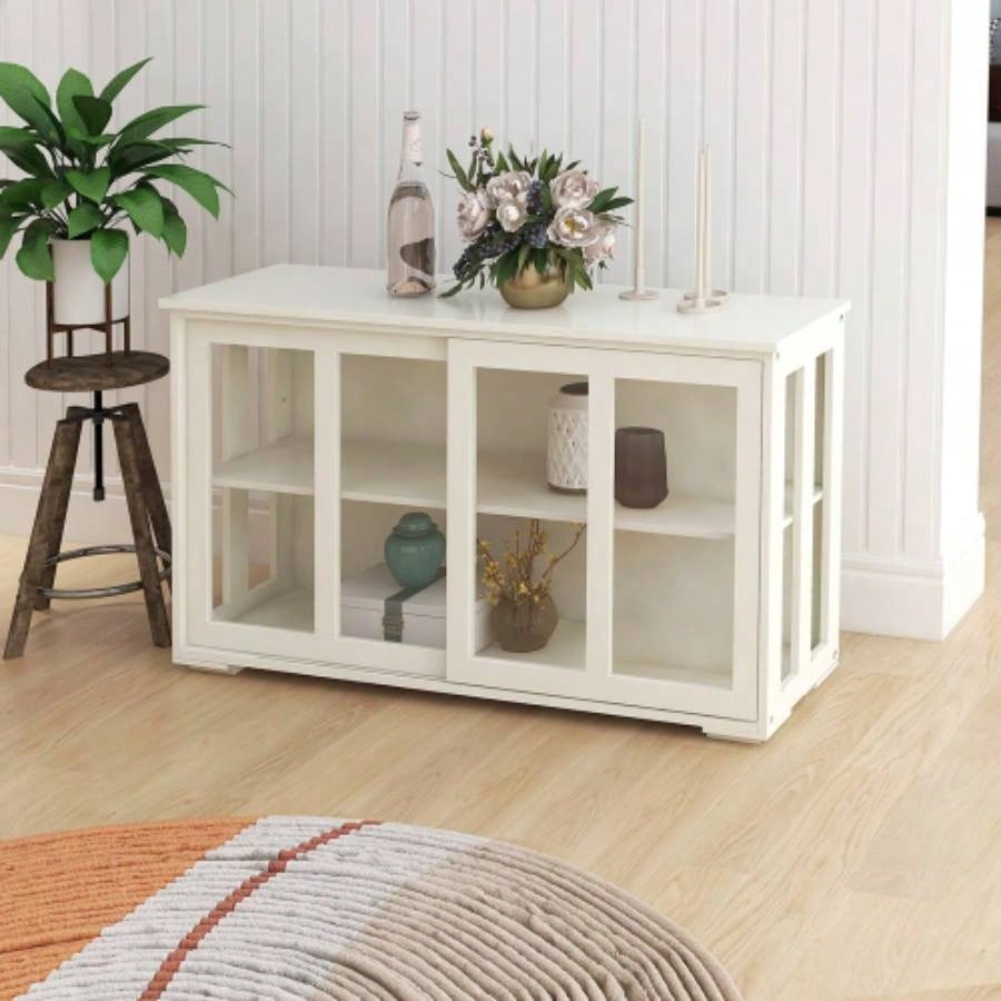 Kitchen Storage Stand Cupboard With Glass Door - White