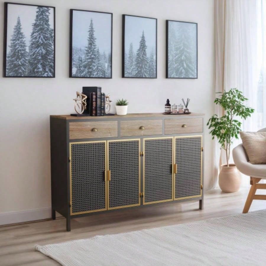 48 Wide 4 Doors Modern Sideboard with 3 Top Drawers, Freestanding Sideboard Storage Cabinet Entryway Floor Cabinet Living Room Office Bedroom