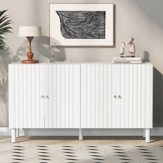 USTYLE Elegant Four - Door Sideboard with Wavy Pattern Doors, Cylindrical, and Sleek Metal Handles, Adjustable, Suitable Study, Entryway and Living Room