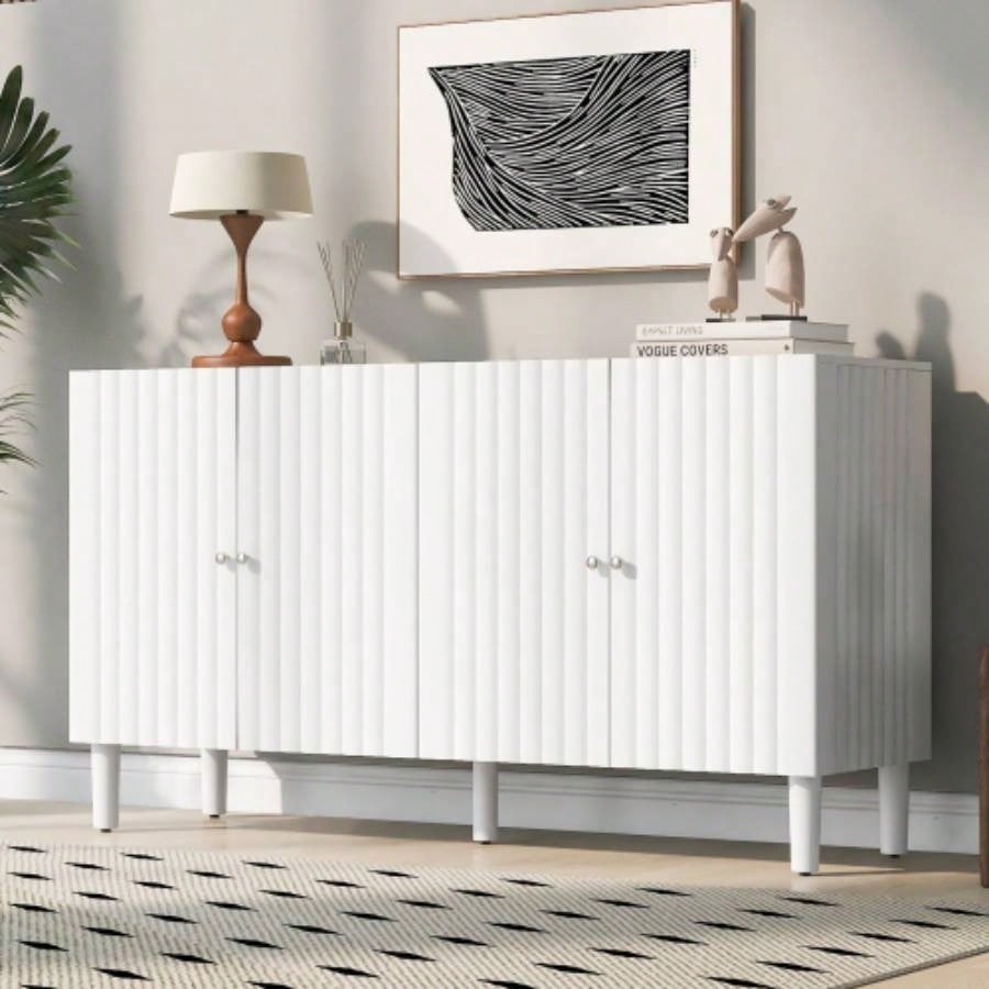 USTYLE Elegant Four - Door Sideboard with Wavy Pattern Doors, Cylindrical, and Sleek Metal Handles, Adjustable, Suitable Study, Entryway and Living Room