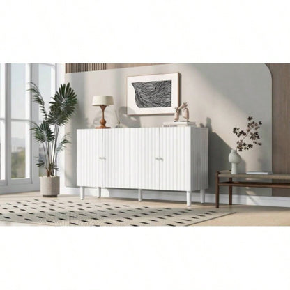 USTYLE Elegant Four - Door Sideboard with Wavy Pattern Doors, Cylindrical, and Sleek Metal Handles, Adjustable, Suitable Study, Entryway and Living Room