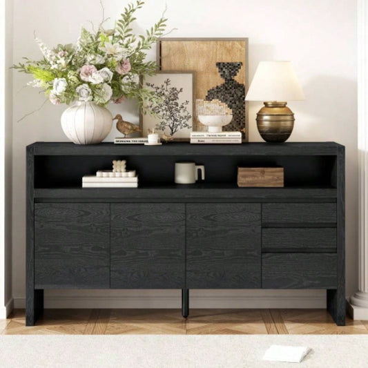 UStyle 60 3 - Door Sideboard with 3 Drawers - Modern Solid Ash Veneer MDF Sideboard, Semi - Open Shelf Center Semi - Circular Cutout in Back Panel, Large Storage Cabinet Living Room, Hallway, Dining