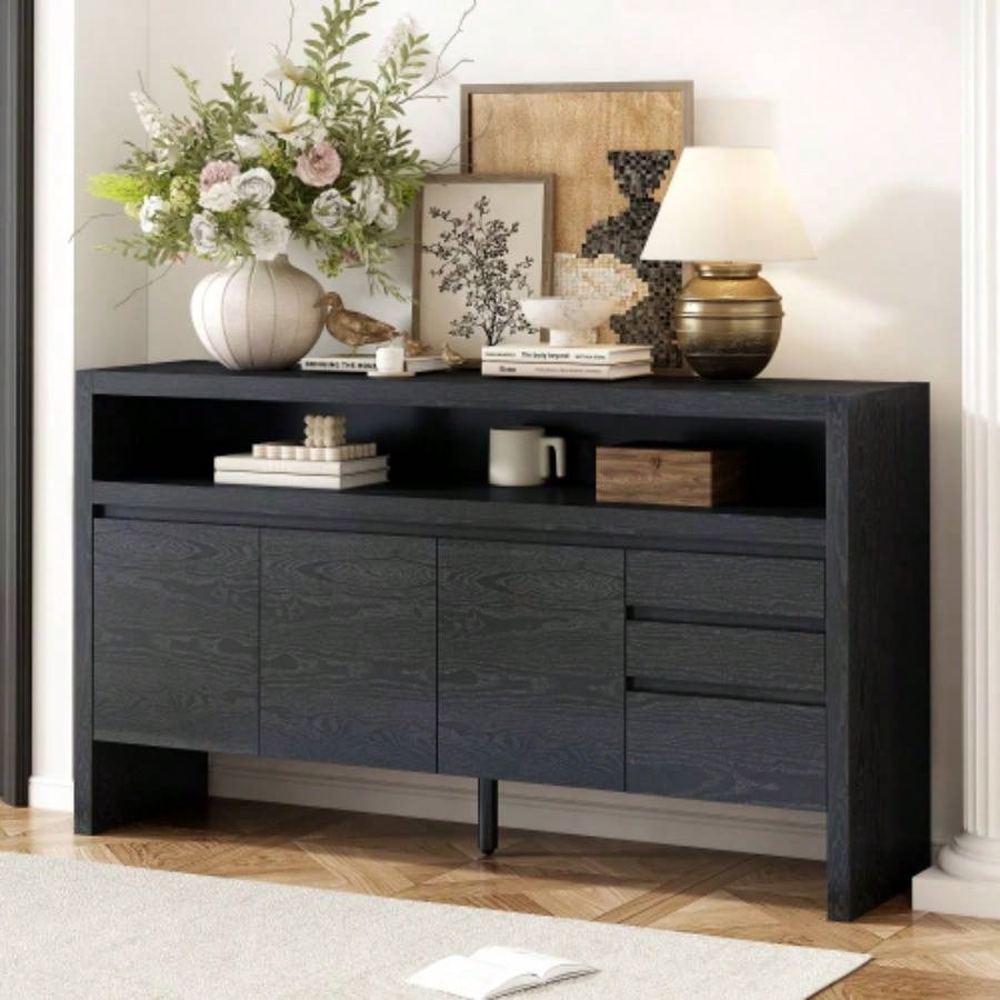 UStyle 60 3 - Door Sideboard with 3 Drawers - Modern Solid Ash Veneer MDF Sideboard, Semi - Open Shelf Center Semi - Circular Cutout in Back Panel, Large Storage Cabinet Living Room, Hallway, Dining