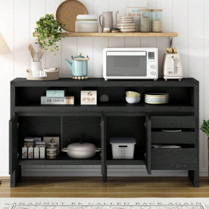 UStyle 60 3 - Door Sideboard with 3 Drawers - Modern Solid Ash Veneer MDF Sideboard, Semi - Open Shelf Center Semi - Circular Cutout in Back Panel, Large Storage Cabinet Living Room, Hallway, Dining