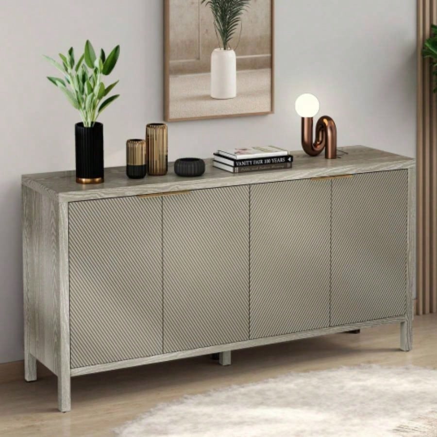 Sideboard Buffet Cabinet, 59 Storage Cabinet with Storage, Modern Wood Buffet Cabinet, Storage Cabinet with 4 Doors Adjustable Shelves Living Room, Dining Room, Kitchen and Entryway