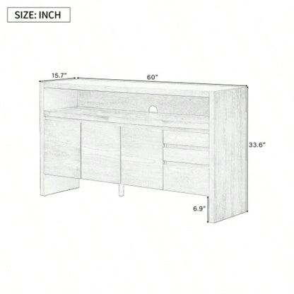 UStyle 60 3 - Door Sideboard with 3 Drawers - Modern Solid Ash Veneer MDF Sideboard, Semi - Open Shelf Center Semi - Circular Cutout in Back Panel, Large Storage Cabinet Living Room, Hallway, Dining