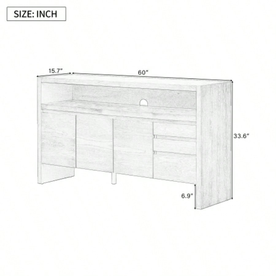 UStyle 60 3 - Door Sideboard with 3 Drawers - Modern Solid Ash Veneer MDF Sideboard, Semi - Open Shelf Center Semi - Circular Cutout in Back Panel, Large Storage Cabinet Living Room, Hallway, Dining