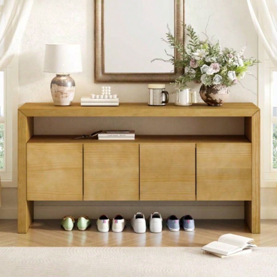 UStyle 60 4 - Door Sideboard, Modern Minimalist Solid Wood Veneer Sideboard with Open Shelf, Natural Wood Grain, Large Capacity Storage Console Living Room, Hallway, Dining Black/Natural