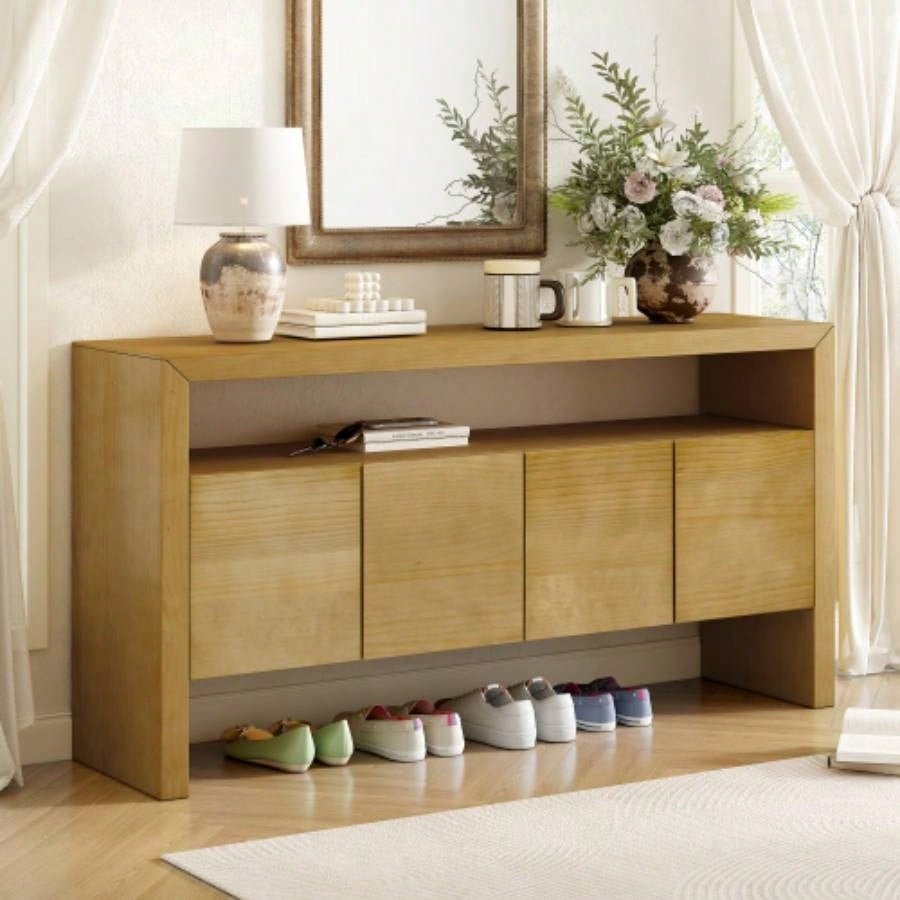 UStyle 60 4 - Door Sideboard, Modern Minimalist Solid Wood Veneer Sideboard with Open Shelf, Natural Wood Grain, Large Capacity Storage Console Living Room, Hallway, Dining Black/Natural