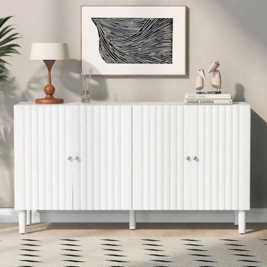 USTYLE Elegant Four - Door Sideboard with Wavy Pattern Doors, Cylindrical, and Sleek Metal Handles, Adjustable, Suitable Study, Entryway and Living Room