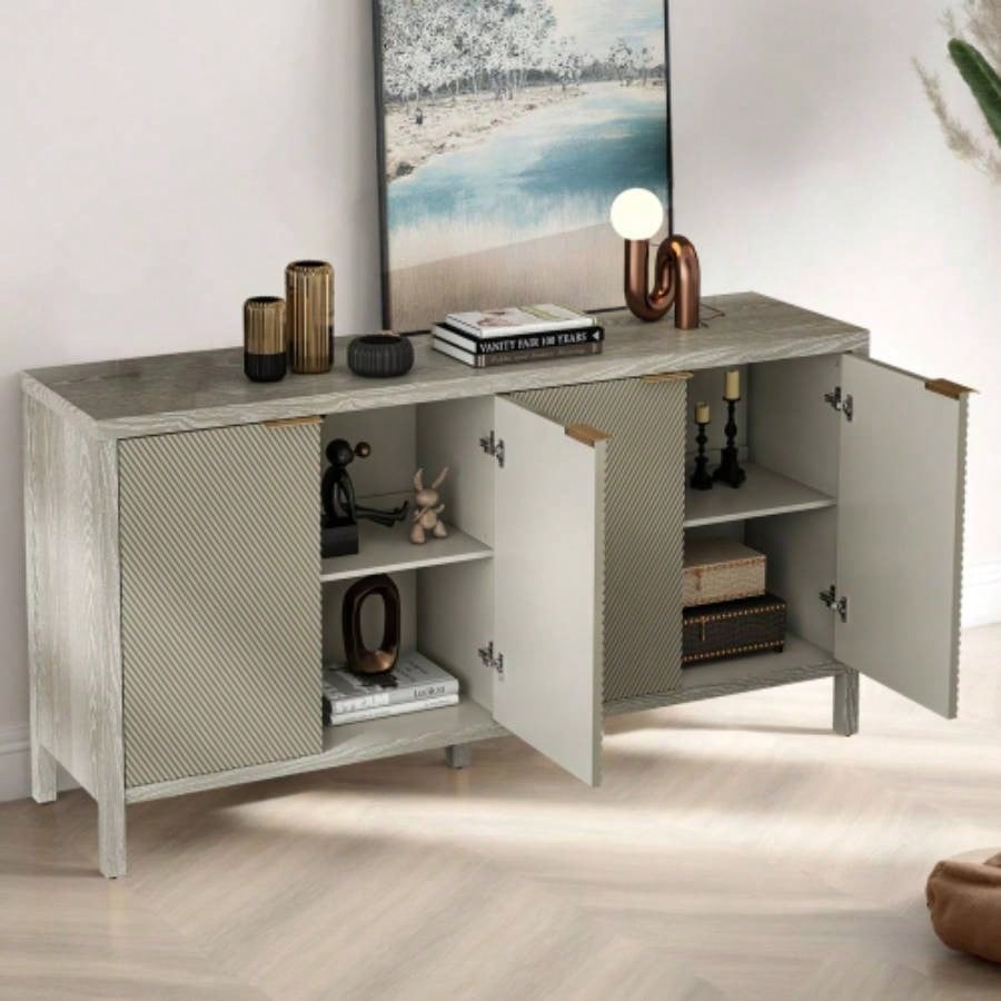 Sideboard Buffet Cabinet, 59 Storage Cabinet with Storage, Modern Wood Buffet Cabinet, Storage Cabinet with 4 Doors Adjustable Shelves Living Room, Dining Room, Kitchen and Entryway