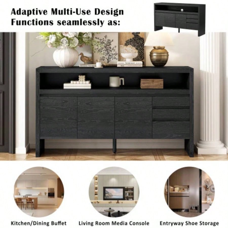 UStyle 60 3 - Door Sideboard with 3 Drawers - Modern Solid Ash Veneer MDF Sideboard, Semi - Open Shelf Center Semi - Circular Cutout in Back Panel, Large Storage Cabinet Living Room, Hallway, Dining