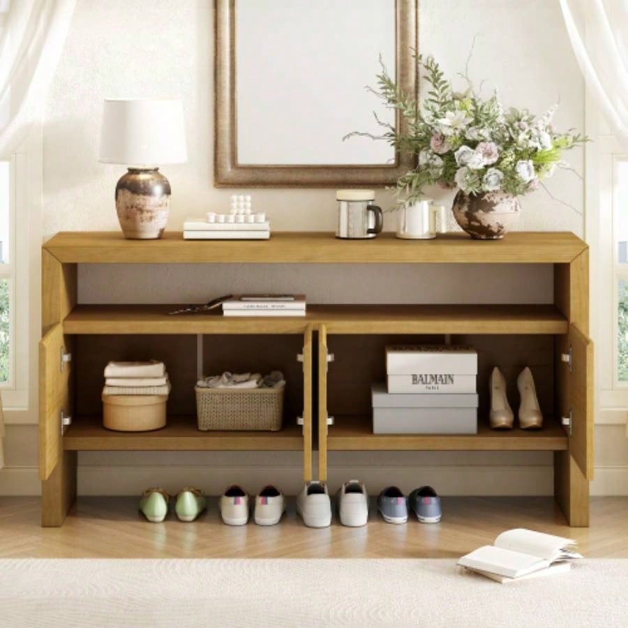 UStyle 60 4 - Door Sideboard, Modern Minimalist Solid Wood Veneer Sideboard with Open Shelf, Natural Wood Grain, Large Capacity Storage Console Living Room, Hallway, Dining Black/Natural