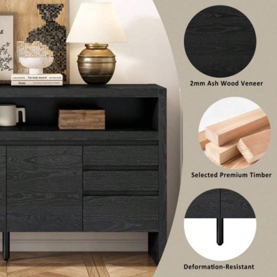 UStyle 60 3 - Door Sideboard with 3 Drawers - Modern Solid Ash Veneer MDF Sideboard, Semi - Open Shelf Center Semi - Circular Cutout in Back Panel, Large Storage Cabinet Living Room, Hallway, Dining