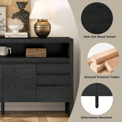 UStyle 60 3 - Door Sideboard with 3 Drawers - Modern Solid Ash Veneer MDF Sideboard, Semi - Open Shelf Center Semi - Circular Cutout in Back Panel, Large Storage Cabinet Living Room, Hallway, Dining