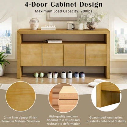 UStyle 60 4 - Door Sideboard, Modern Minimalist Solid Wood Veneer Sideboard with Open Shelf, Natural Wood Grain, Large Capacity Storage Console Living Room, Hallway, Dining Black/Natural