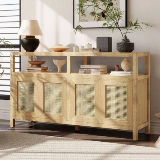 TREXM Bohemian Style Rattan Buffet Storage Cabinet with Solid Wood Frame, Sideboard with 3 - position Adjustable Shelves Living Dining Rooms, No - Handle Push - to - Open Design Natural
