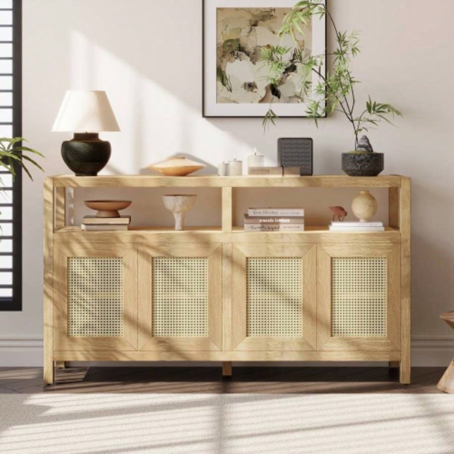 TREXM Bohemian Style Rattan Buffet Storage Cabinet with Solid Wood Frame, Sideboard with 3 - position Adjustable Shelves Living Dining Rooms, No - Handle Push - to - Open Design Natural