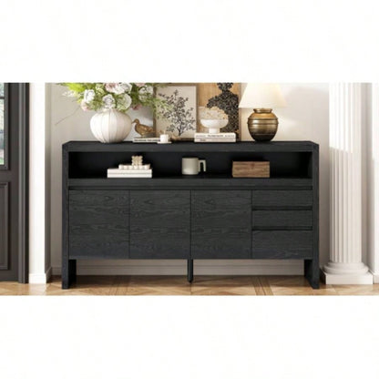 UStyle 60 3 - Door Sideboard with 3 Drawers - Modern Solid Ash Veneer MDF Sideboard, Semi - Open Shelf Center Semi - Circular Cutout in Back Panel, Large Storage Cabinet Living Room, Hallway, Dining