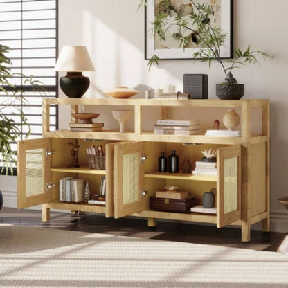 TREXM Bohemian Style Rattan Buffet Storage Cabinet with Solid Wood Frame, Sideboard with 3 - position Adjustable Shelves Living Dining Rooms, No - Handle Push - to - Open Design Natural