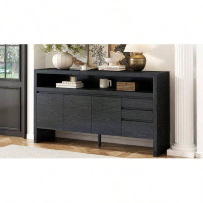 UStyle 60 3 - Door Sideboard with 3 Drawers - Modern Solid Ash Veneer MDF Sideboard, Semi - Open Shelf Center Semi - Circular Cutout in Back Panel, Large Storage Cabinet Living Room, Hallway, Dining