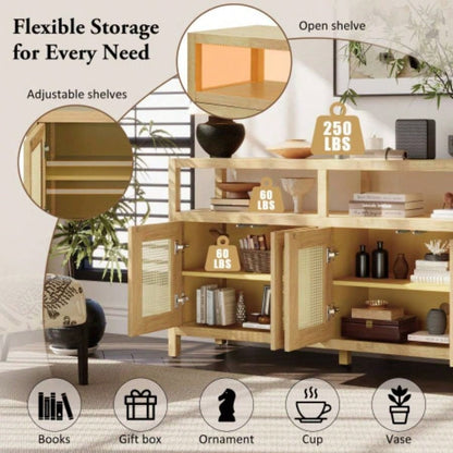 TREXM Bohemian Style Rattan Buffet Storage Cabinet with Solid Wood Frame, Sideboard with 3 - position Adjustable Shelves Living Dining Rooms, No - Handle Push - to - Open Design Natural