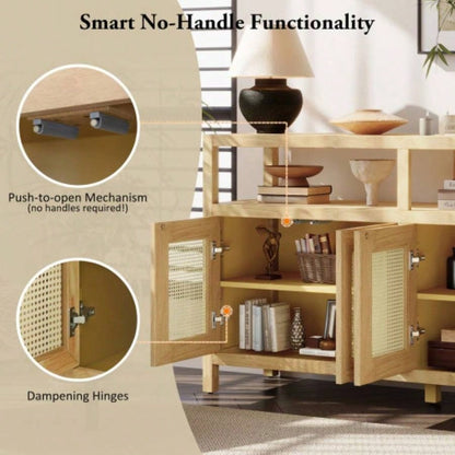TREXM Bohemian Style Rattan Buffet Storage Cabinet with Solid Wood Frame, Sideboard with 3 - position Adjustable Shelves Living Dining Rooms, No - Handle Push - to - Open Design Natural