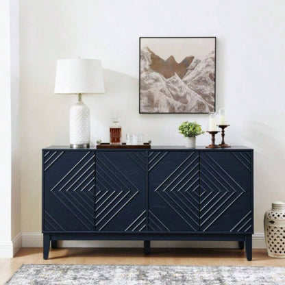 60.5 Buffet Cabinet with Storage, Farmhouse Fluted Sideboard with Geometric Pattern Adjustable Shelves, Mid Modern TV Stand Living Room Kitchen Dining Room Entryway, Blue
