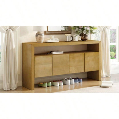 UStyle 60 4 - Door Sideboard, Modern Minimalist Solid Wood Veneer Sideboard with Open Shelf, Natural Wood Grain, Large Capacity Storage Console Living Room, Hallway, Dining Black/Natural