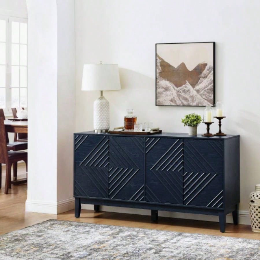 60.5 Buffet Cabinet with Storage, Farmhouse Fluted Sideboard with Geometric Pattern Adjustable Shelves, Mid Modern TV Stand Living Room Kitchen Dining Room Entryway, Blue