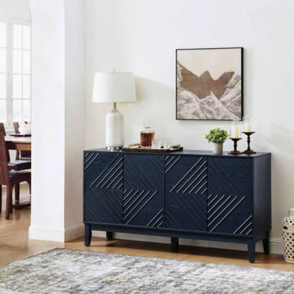 60.5 Buffet Cabinet with Storage, Farmhouse Fluted Sideboard with Geometric Pattern Adjustable Shelves, Mid Modern TV Stand Living Room Kitchen Dining Room Entryway, Blue