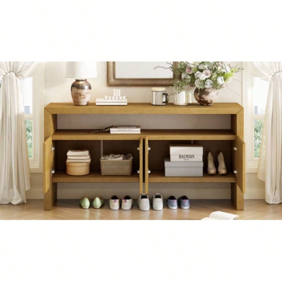 UStyle 60 4 - Door Sideboard, Modern Minimalist Solid Wood Veneer Sideboard with Open Shelf, Natural Wood Grain, Large Capacity Storage Console Living Room, Hallway, Dining Black/Natural