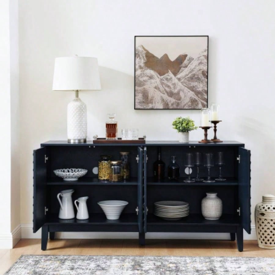 60.5 Buffet Cabinet with Storage, Farmhouse Fluted Sideboard with Geometric Pattern Adjustable Shelves, Mid Modern TV Stand Living Room Kitchen Dining Room Entryway, Blue