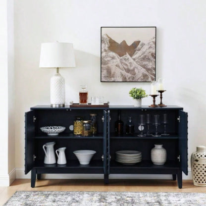 60.5 Buffet Cabinet with Storage, Farmhouse Fluted Sideboard with Geometric Pattern Adjustable Shelves, Mid Modern TV Stand Living Room Kitchen Dining Room Entryway, Blue