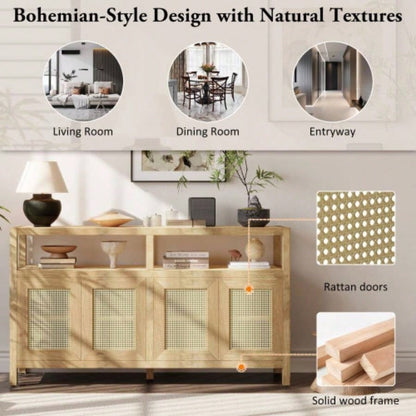 TREXM Bohemian Style Rattan Buffet Storage Cabinet with Solid Wood Frame, Sideboard with 3 - position Adjustable Shelves Living Dining Rooms, No - Handle Push - to - Open Design Natural