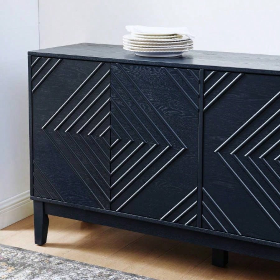 60.5 Buffet Cabinet with Storage, Farmhouse Fluted Sideboard with Geometric Pattern Adjustable Shelves, Mid Modern TV Stand Living Room Kitchen Dining Room Entryway, Blue