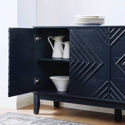 60.5 Buffet Cabinet with Storage, Farmhouse Fluted Sideboard with Geometric Pattern Adjustable Shelves, Mid Modern TV Stand Living Room Kitchen Dining Room Entryway, Blue