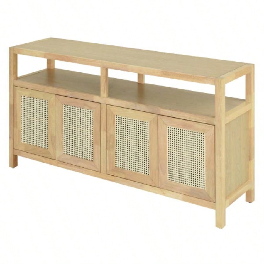TREXM Bohemian Style Rattan Buffet Storage Cabinet with Solid Wood Frame, Sideboard with 3 - position Adjustable Shelves Living Dining Rooms, No - Handle Push - to - Open Design Natural