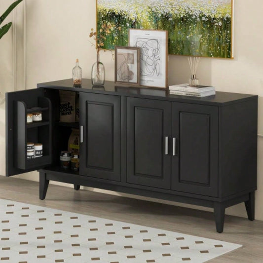 4 - Door Sideboard Storage Cabinet with Door Shelf Living Room and Dining Room, Two Large Cabinets with Adjustable Shelf, Black