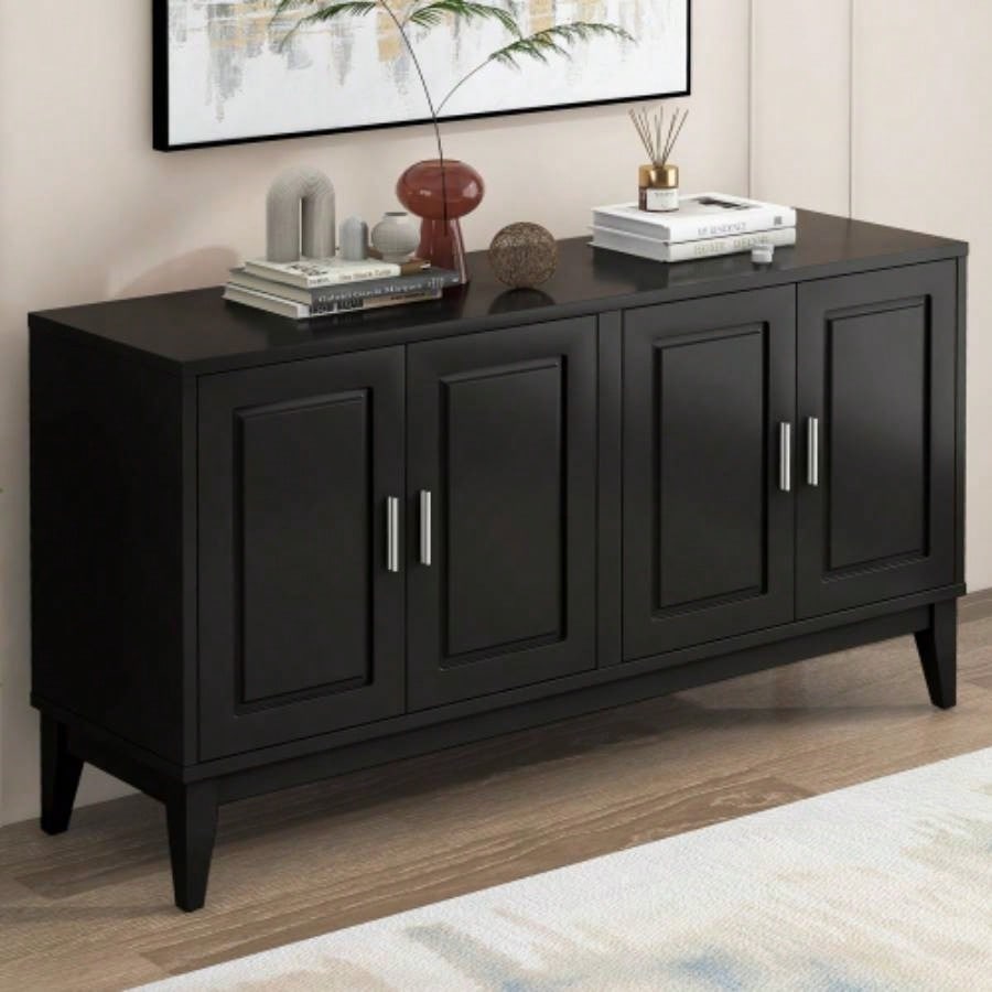 4 - Door Sideboard Storage Cabinet with Door Shelf Living Room and Dining Room, Two Large Cabinets with Adjustable Shelf, Black