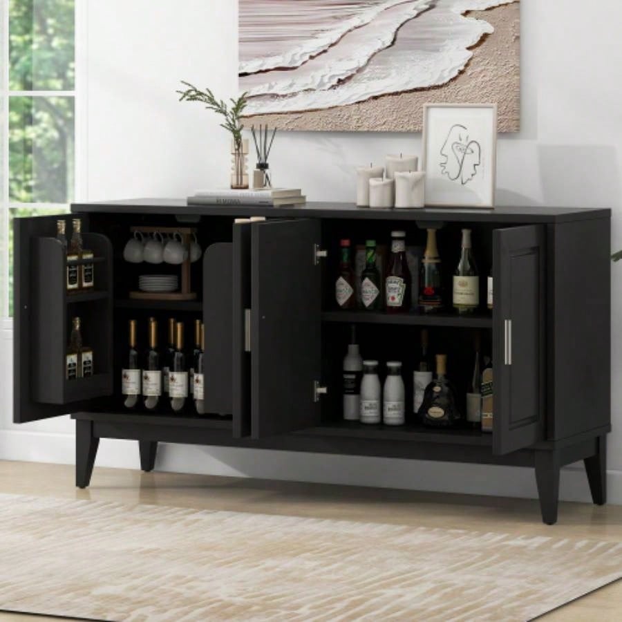 4 - Door Sideboard Storage Cabinet with Door Shelf Living Room and Dining Room, Two Large Cabinets with Adjustable Shelf, Black