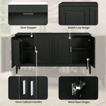 4 - Door Sideboard Storage Cabinet with Door Shelf Living Room and Dining Room, Two Large Cabinets with Adjustable Shelf, Black